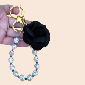 Black Rose Pearl Bead Keychain Wristlet
